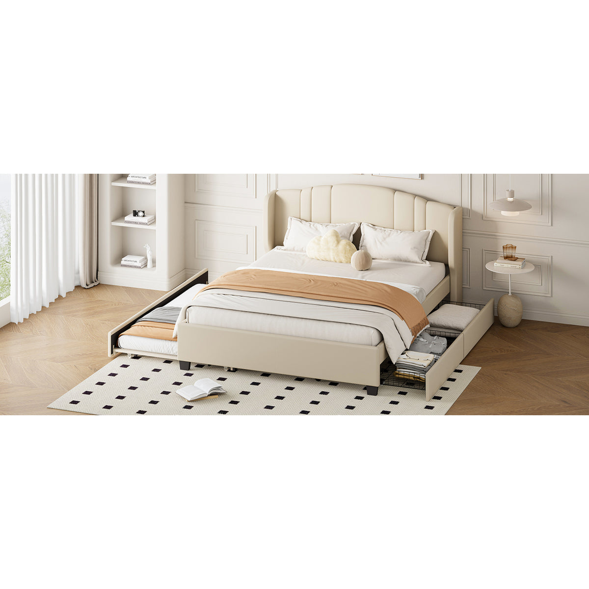 variant-group:rf-n733s208132a|Roomfitters Twin Size Trundle Upholstered Platform Bed with Wingback Headboard and 2 Drawers, No Box Spring Needed, Linen Fabric, Queen Size, Beige