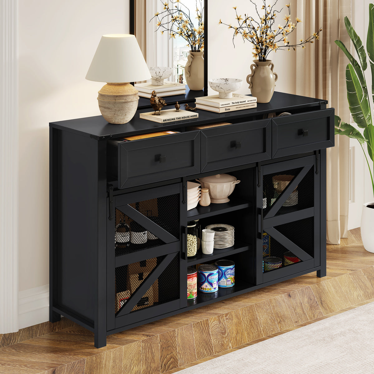 variant-group:rf-n711p347384b|Roomfitters 55" Sideboard Buffet Cabinet with 3 Drawers and Sliding Barn Doors, Farmhouse Storage for Kitchen & Dining, Black