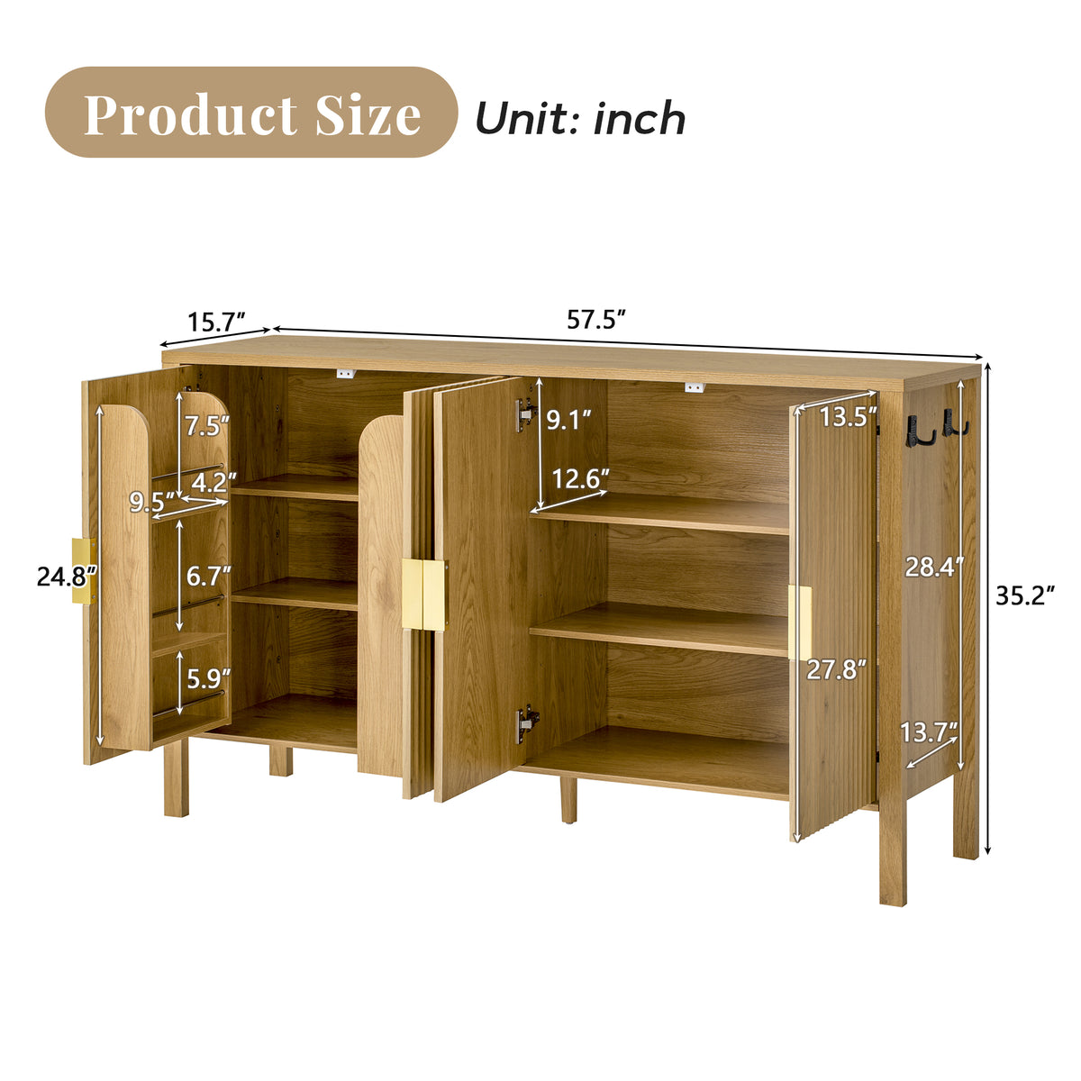 variant-group:rf-n711p345170o|Roomfitters 57.5" Sideboard Buffet Cabinet with 3 Door Mid-century Modern Fluted Storage for Kitchen & Dining Room, Natural