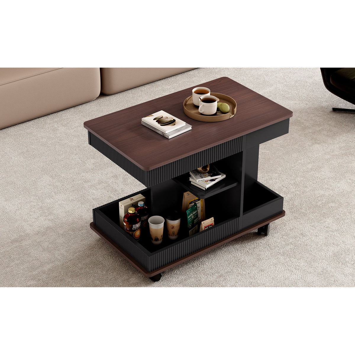 variant-group:rf-n724p292505b|Roomfitters Adjustable Sofa Side Table with Lift-Top, Rotating Surface and Storage on Wheels for Small Spaces, Black