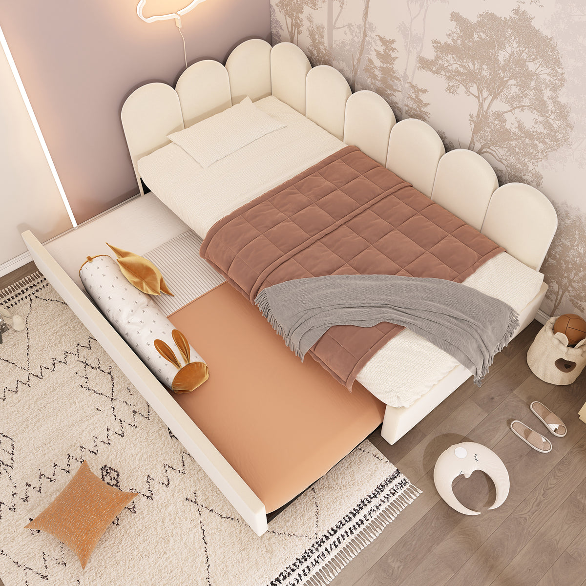 variant-group:rf-n736aa20362122b|Roomfitters Velvet Upholstered Twin Daybed with Pull Out Trundle, Sofa Bed with Metal Slat Frame, Beige