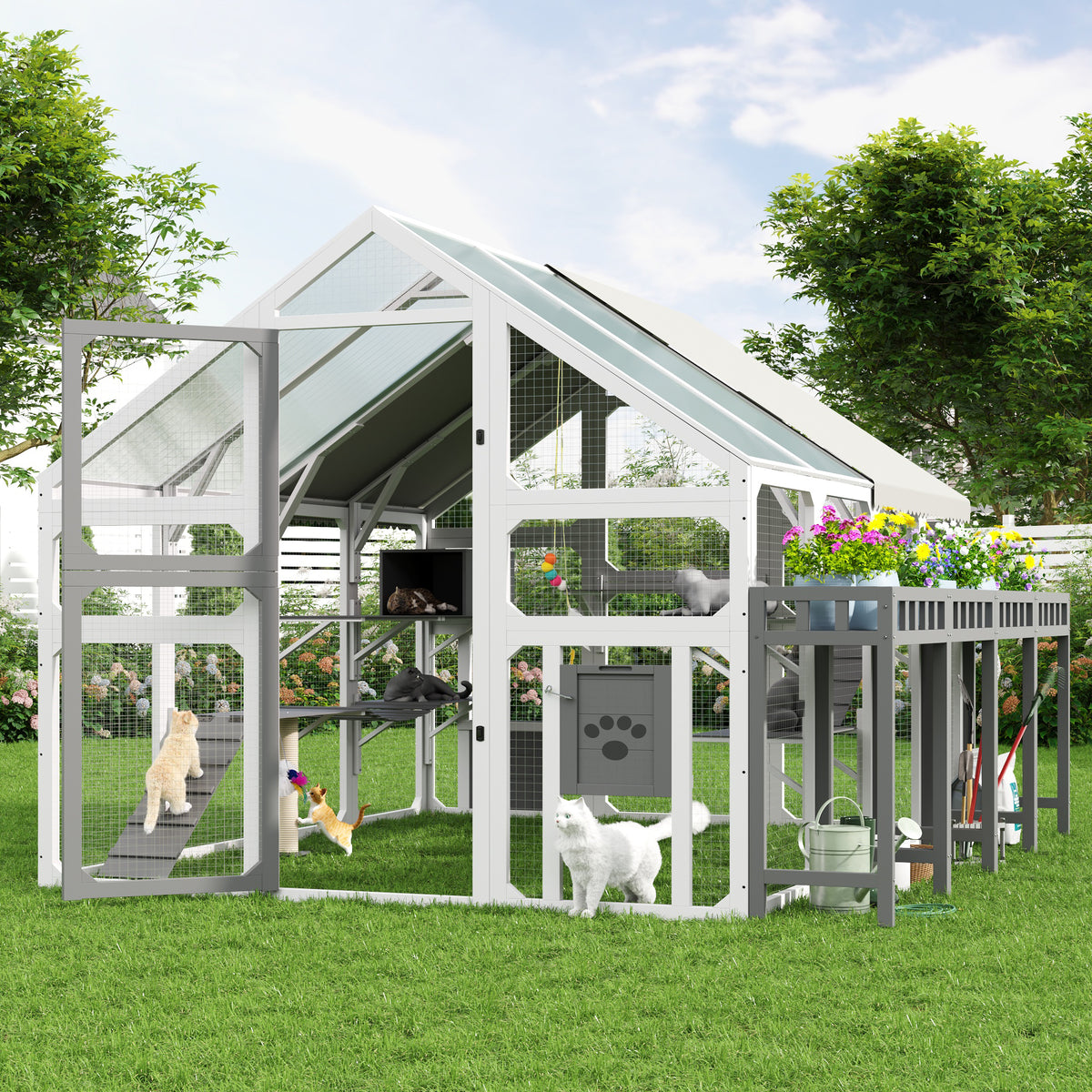 variant-group:rf-n704g201619k|Roomfitters Large Outdoor Cat House with Detachable Planter Stand and Scratching Posts Gray & White