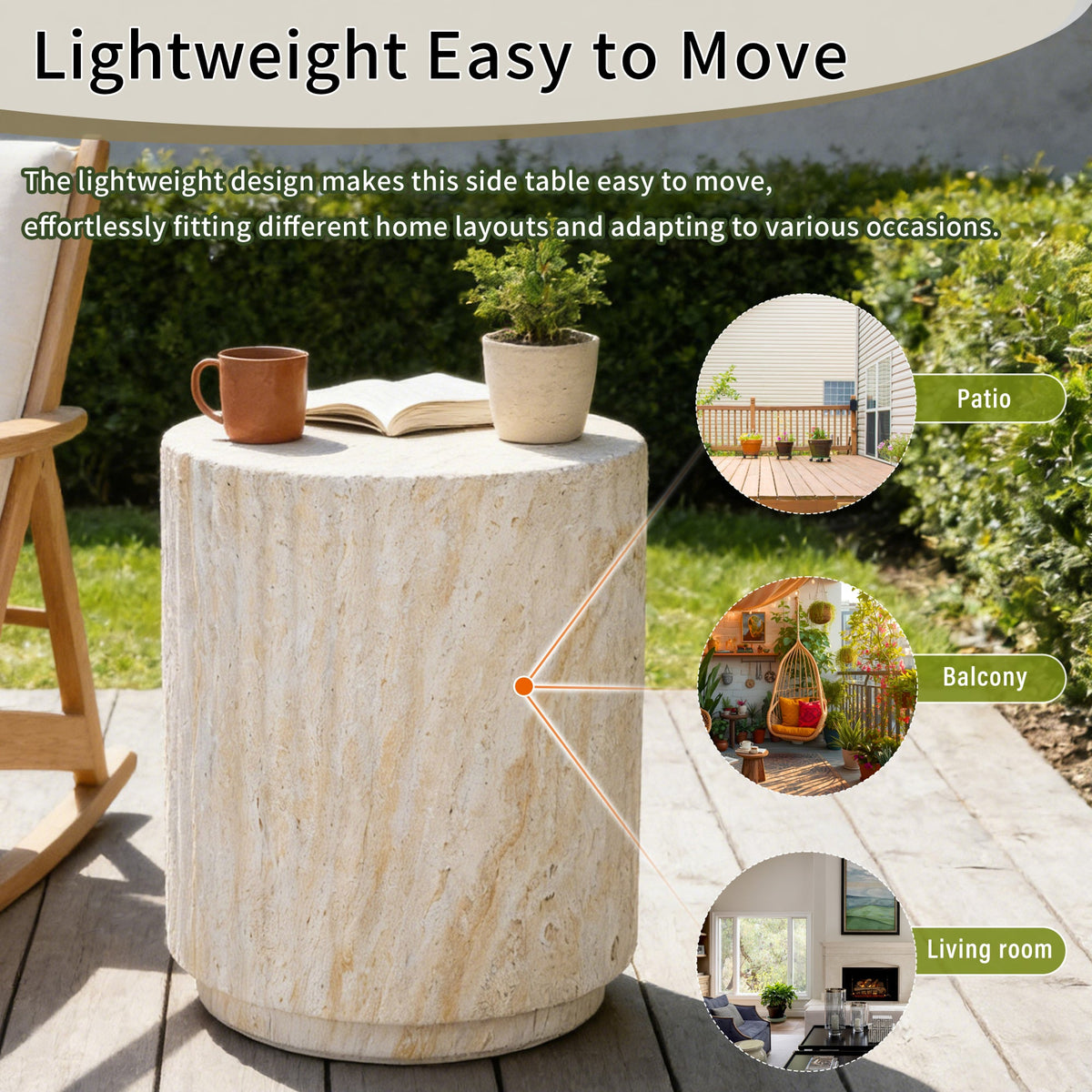 Roomfitters Modern Cylinder Wave Outdoor Side Table, Round Plant Stand, Beige MgO Patio End Table, Ripple Design Roomfitters