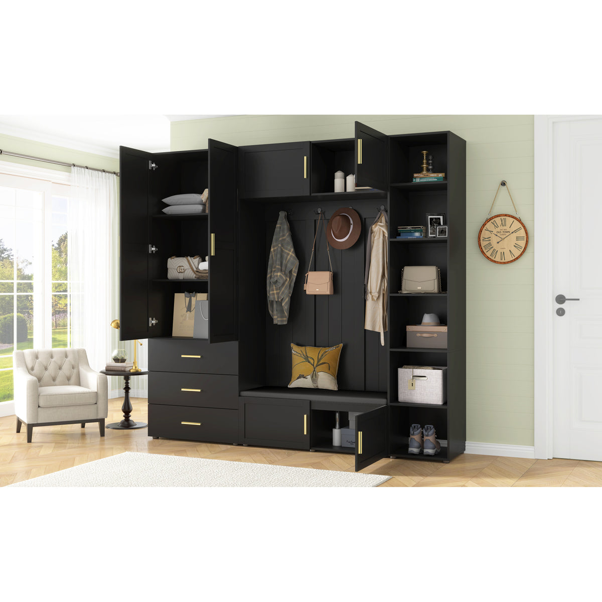 variant-group:rf-n724sj000167aab|Roomfitters American Style Extra-Wide Hall Tree with Padded Cushion Seat, Antique Black