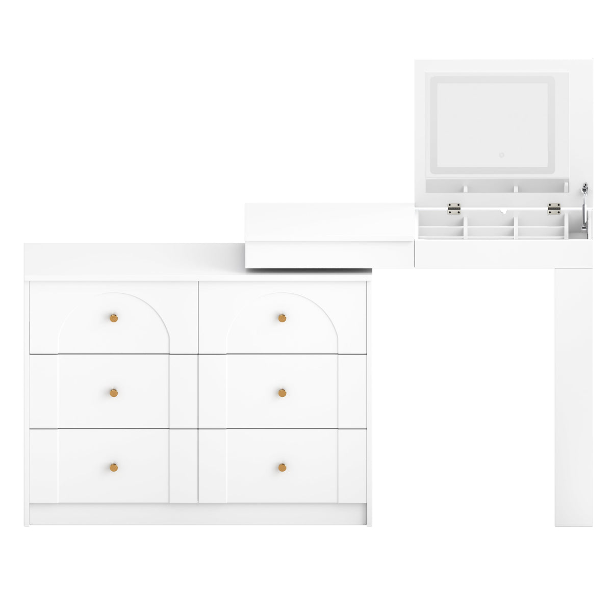Roomfitters Vanity Desk with Mirror & Lights, Flip-Top Makeup Table with 7 Drawers, 9 Compartments, 3 Shelves, White