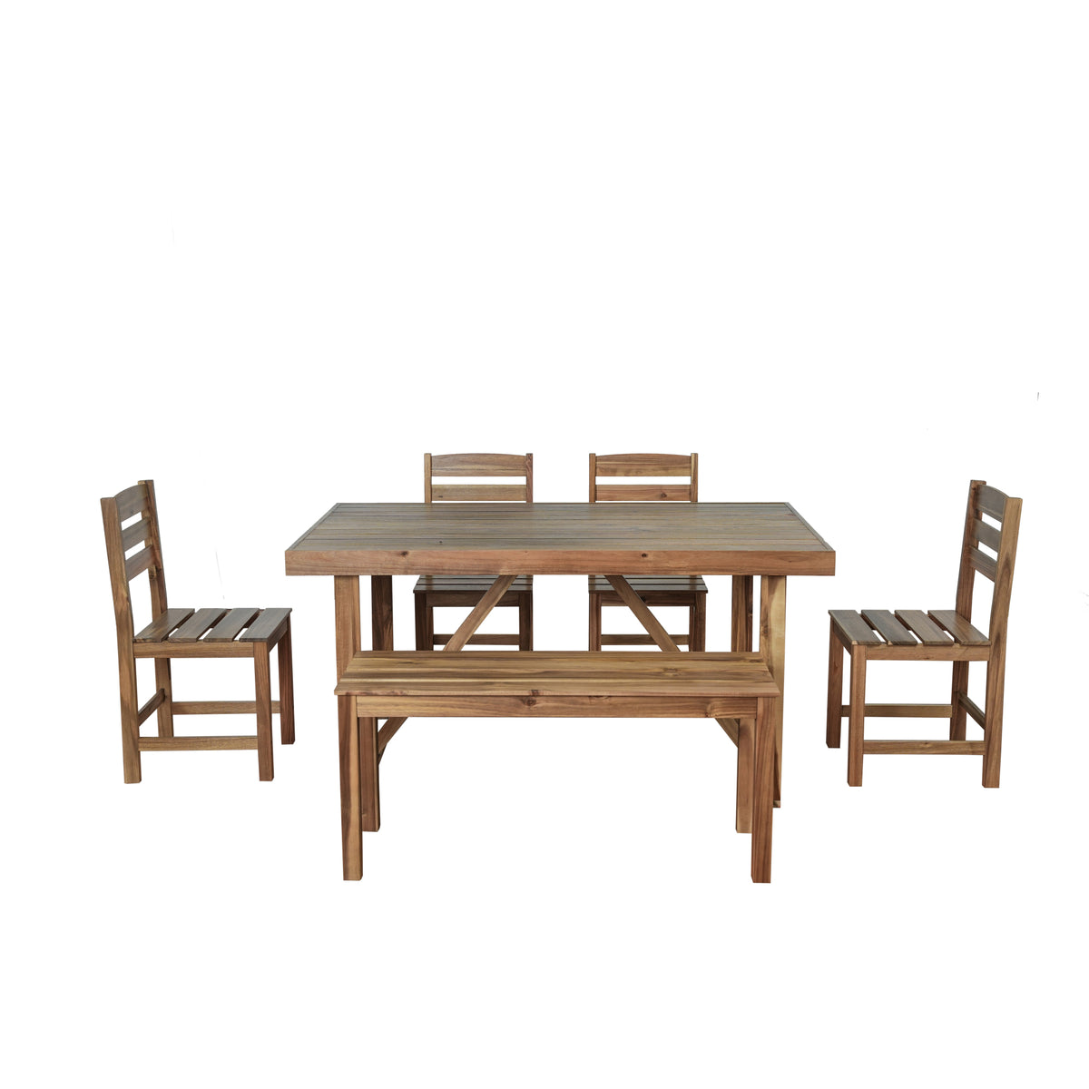 variant-group:rf-n711wy000472aaa|Roomfitters 6-Piece Acacia Wood Outdoor Dining Set with Bench and 4 Chairs, Rectangular Table for Patio and Backyard, Natural