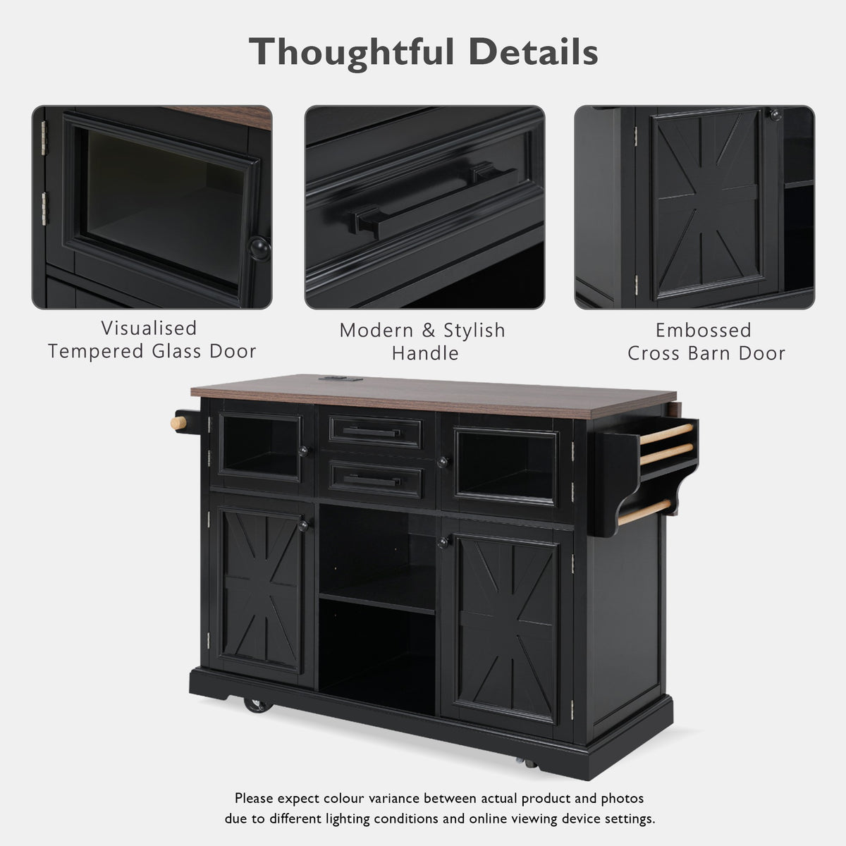 variant-group:rf-n707s300277b|Roomfitters 54.9" Kitchen Island with Drop Leaf, Rolling Kitchen Cart with Barn Door and Glass Door, Storage Cabinet, Black