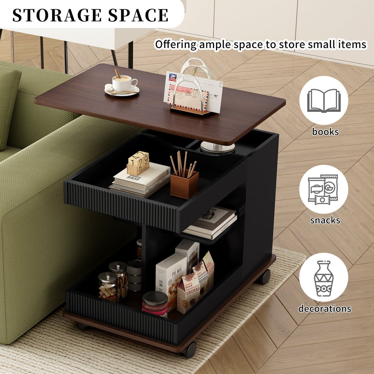 variant-group:rf-n724p292505b|Roomfitters Adjustable Sofa Side Table with Lift-Top, Rotating Surface and Storage on Wheels for Small Spaces, Black