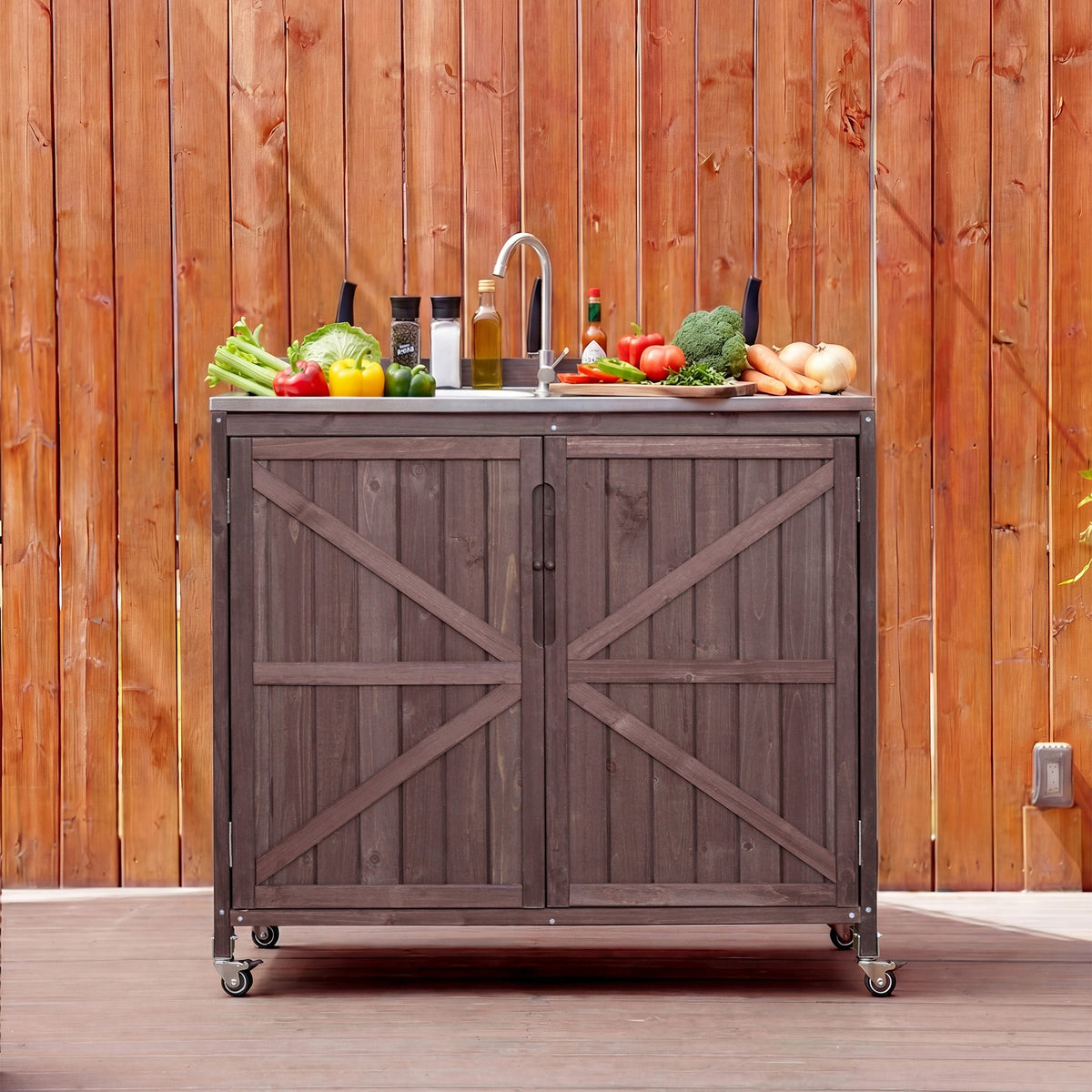 variant-group:rf-n707p370281z|Roomfitters 39.4" Outdoor Grill Cart with Stainless Steel Top, Prep Station with Sink and Storage Cabinet, Dark Brown