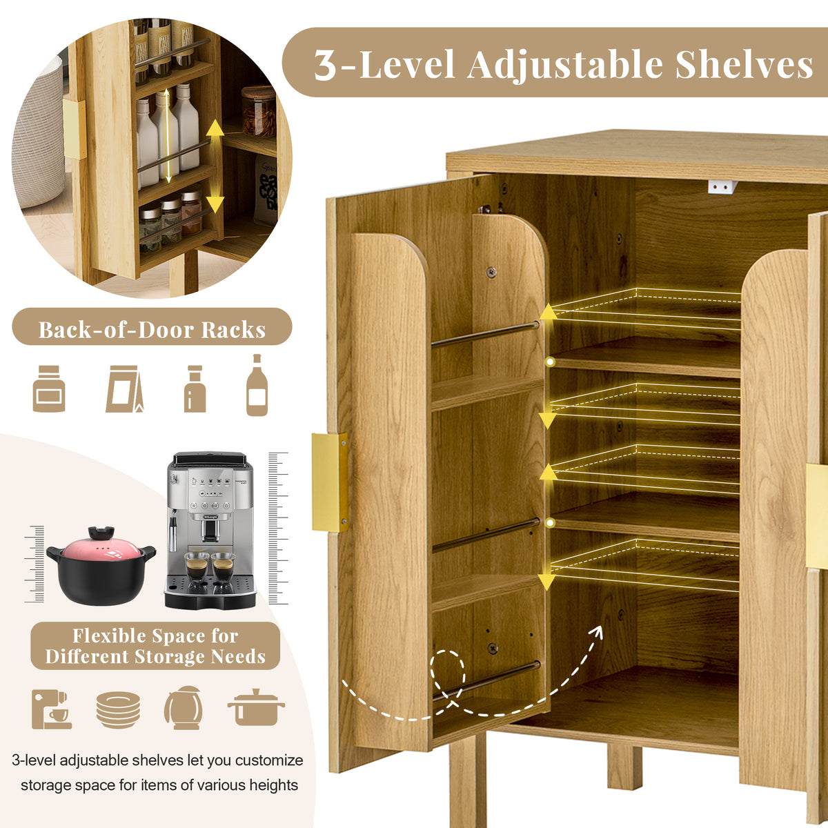 variant-group:rf-n711p345170o|Roomfitters 57.5" Sideboard Buffet Cabinet with 3 Door Mid-century Modern Fluted Storage for Kitchen & Dining Room, Natural