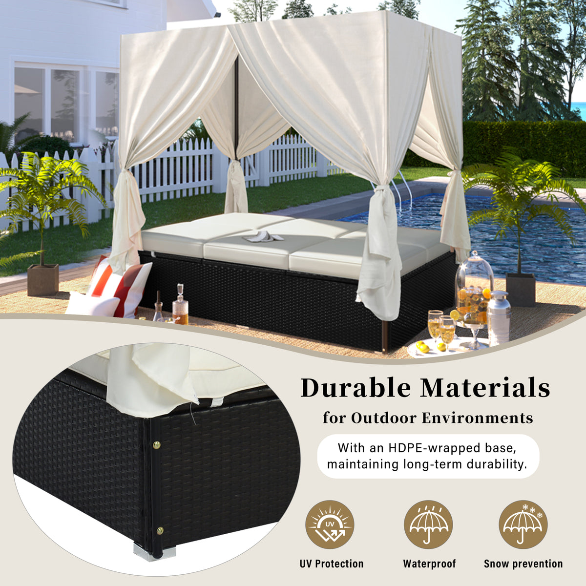 variant-group:rf-n711wy000476aak|Roomfitters Luxury Cabana Beige Outdoor Double Chaise Lounge Patio Daybed, Privacy Curtains, Adjustable Reclining