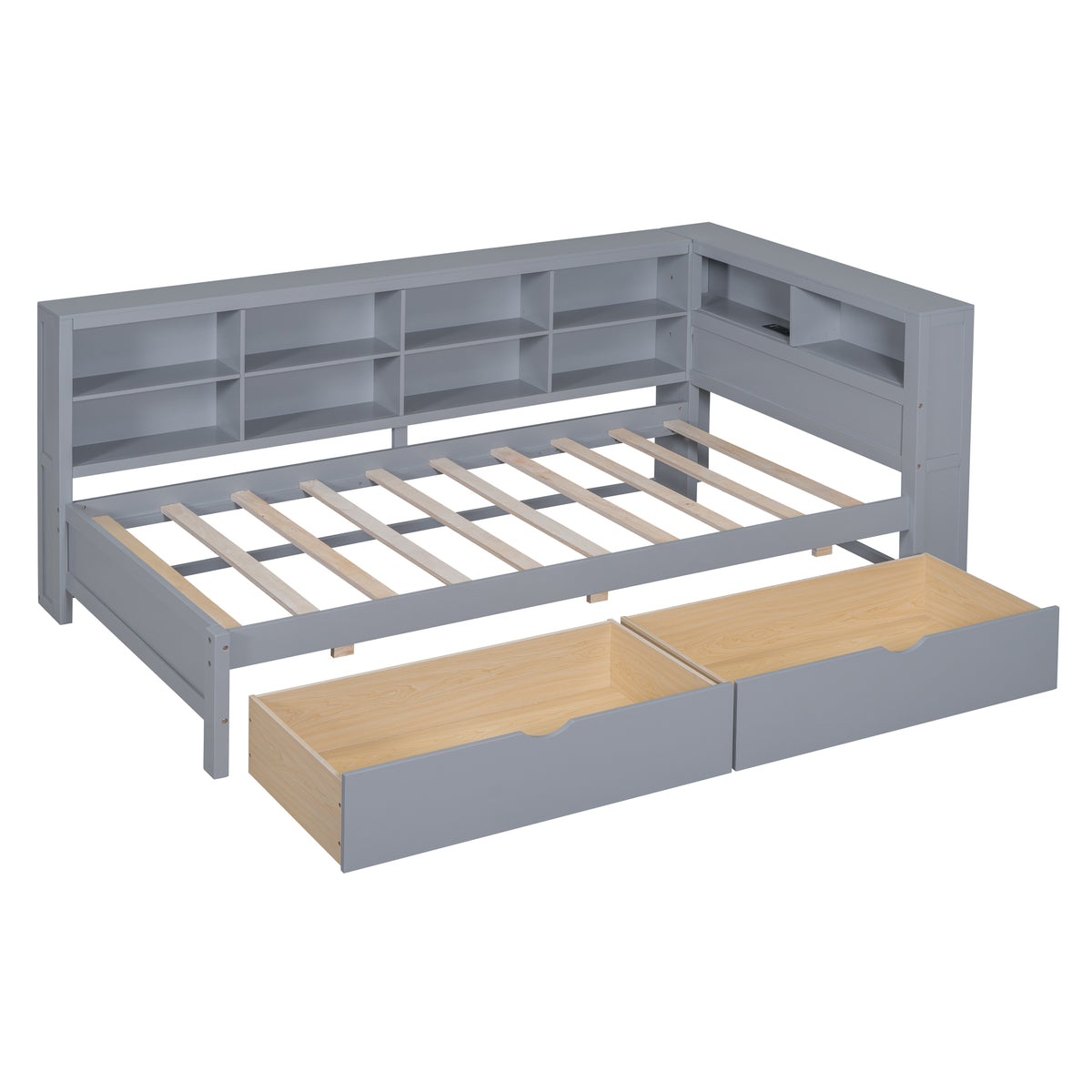 variant-group:rf-n733s347768e|Roomfitters Wooden Twin Daybed with Underbed Storage, Built-In Shelf & USB Charging Ports, Gray