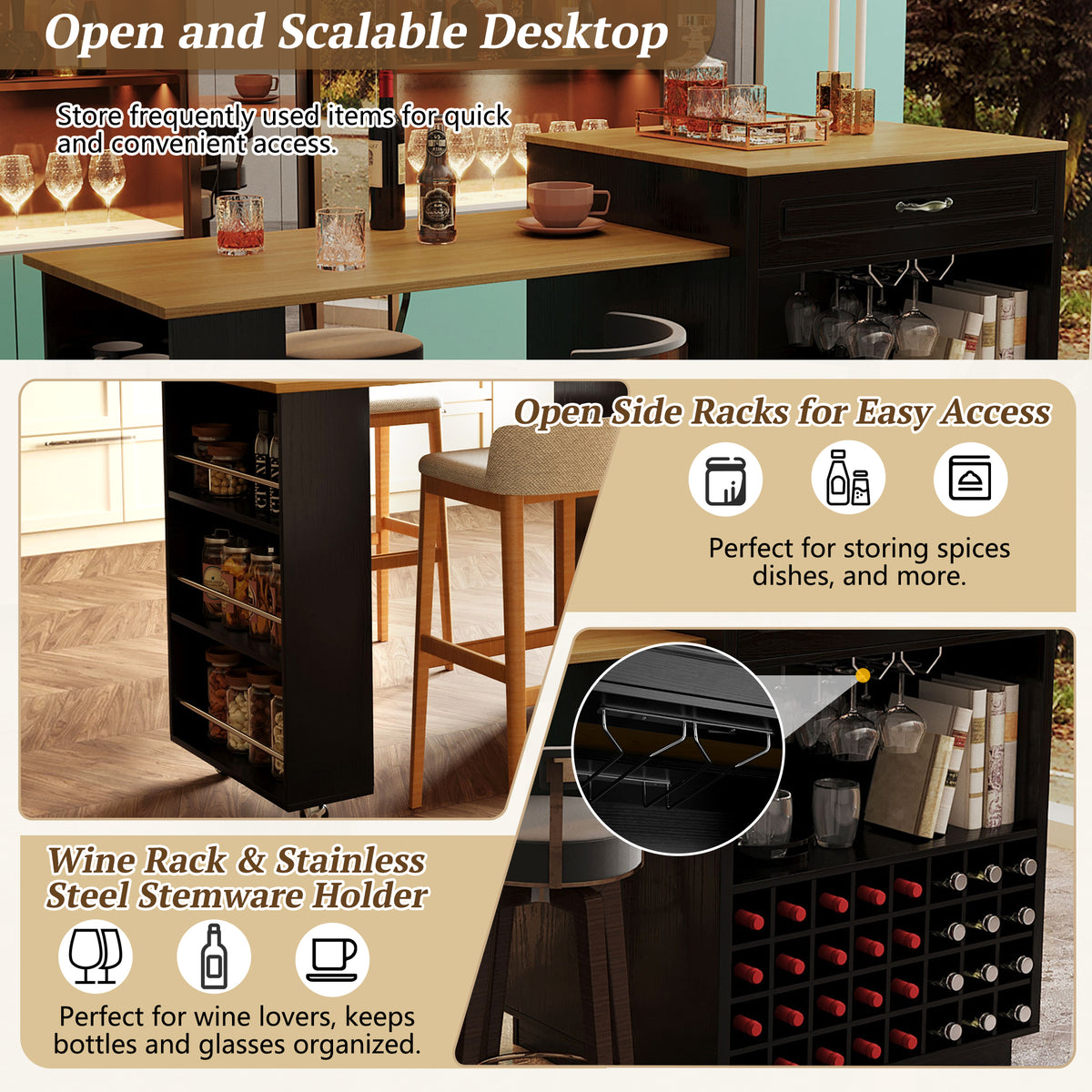 variant-group:rf-n711wy000493aab|Roomfitters Black and Natural Wood MDF Extendable Bar Cabinet, Rolling Kitchen Island Table, Wine Rack Storage