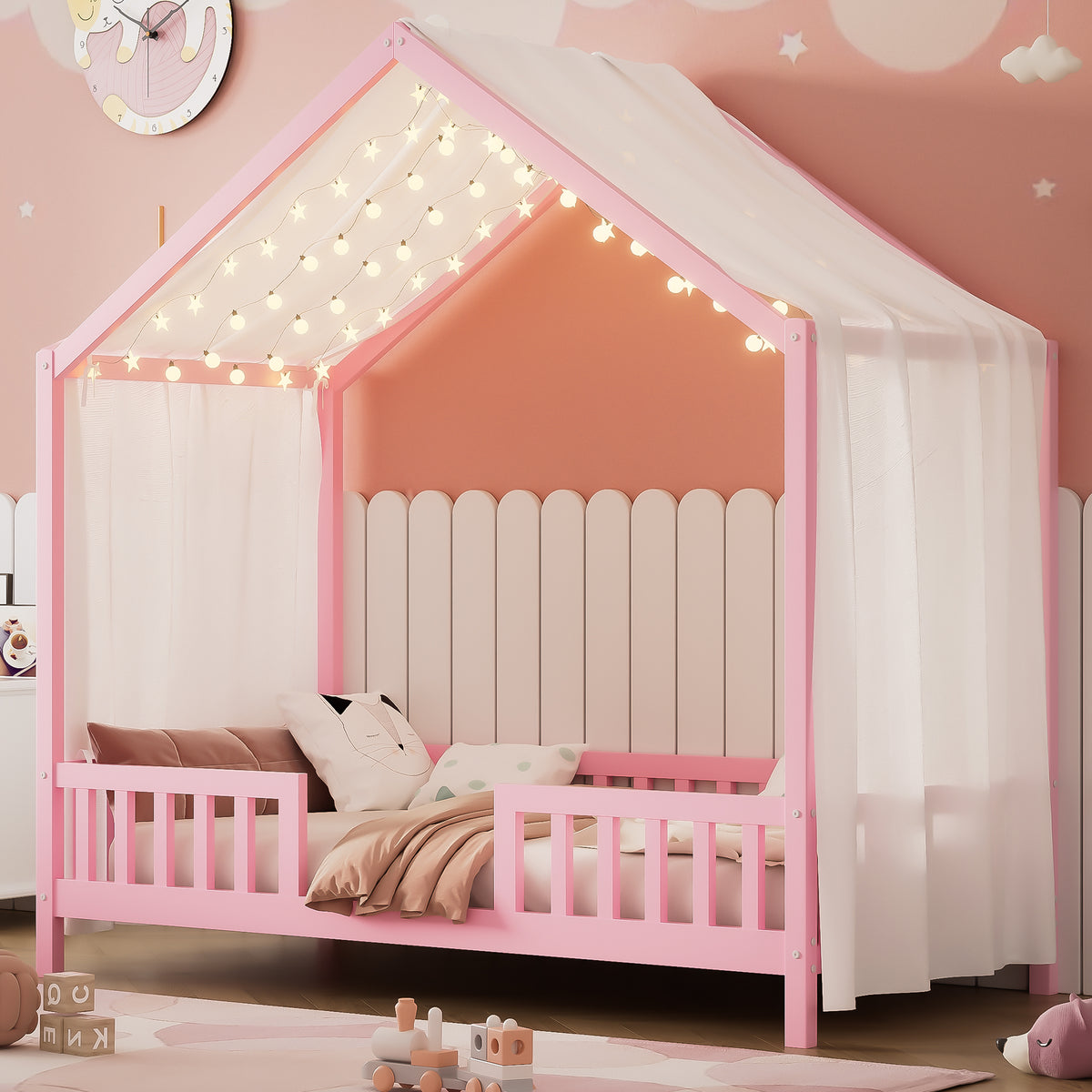 variant-group:rf-n733p356043h|Roomfitters Twin Montessori Floor Bed with Canopy, House Shape Wood Frame with Safety Rails, Youth Platform Bed, Pink