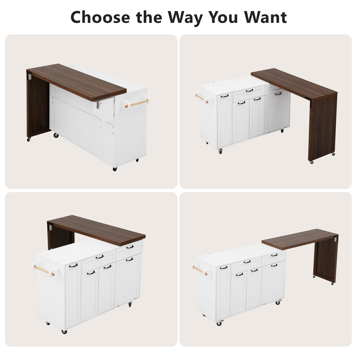 variant-group:rf-n707s000026w|Roomfitters 102.3" Kitchen Island with Tilt Out Trash Can Cabinet, Rolling Storage Cart, Slide-out Spice Rack, White