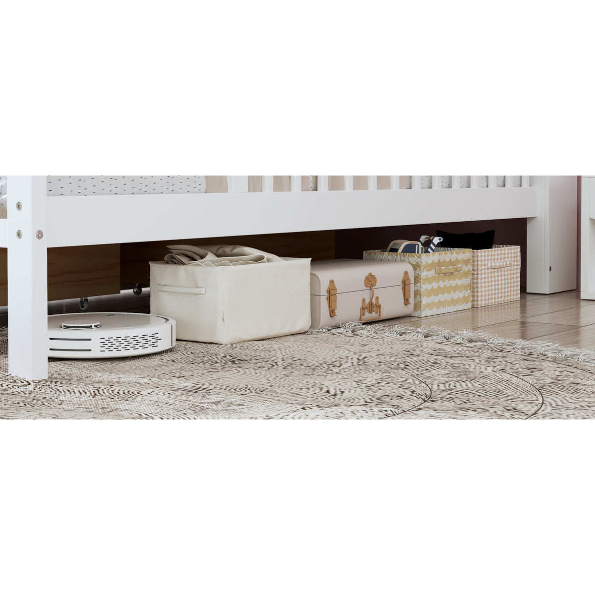 variant-group:rf-n733p272374k|Roomfitters Twin Bed with Headboard Storage Rack, Under-Bed Storage and Three-Side Guardrails, White