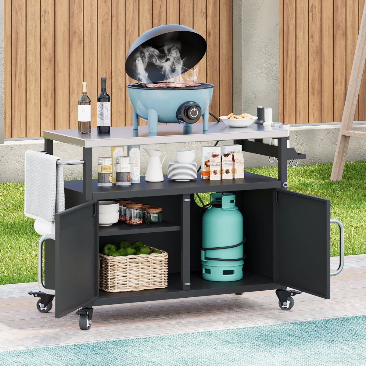 Roomfitters 54.5" Outdoor Kitchen Island with Stainless Steel Top, Rolling Grill Prep Cart with Propane Tank Storage, Black