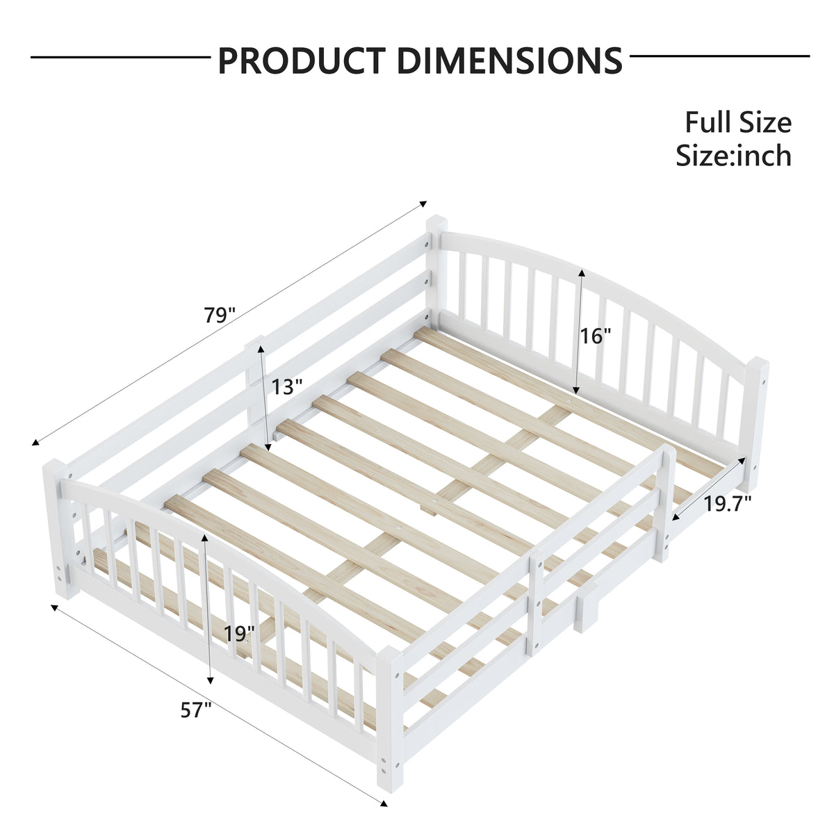 variant-group:rf-n733p400299k|Roomfitters Full Montessori Floor Bed with Guardrails, Solid Wood Low Platform Bed with Slats, Easy Assembly, White