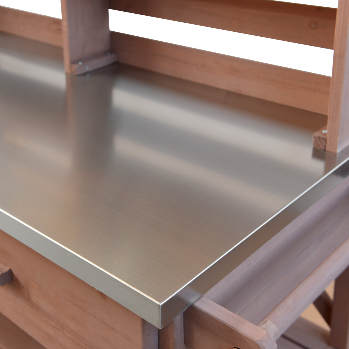 variant-group:rf-n707p228274z|Roomfitters 64.9" Outdoor Potting Bench Table, Rolling Kitchen Island with Hutch, Stainless Steel Top, Storage, Brown