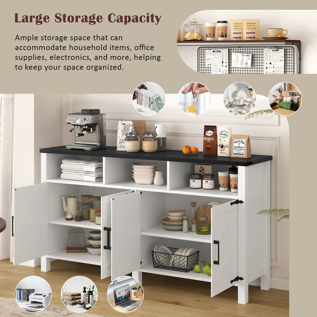 variant-group:rf-n711p347407k|Roomfitters 59" Sideboard Buffet Cabinet with 4 Door & Open Storage, Modern Farmhouse Industrial Coffee Bar Station, White+Black