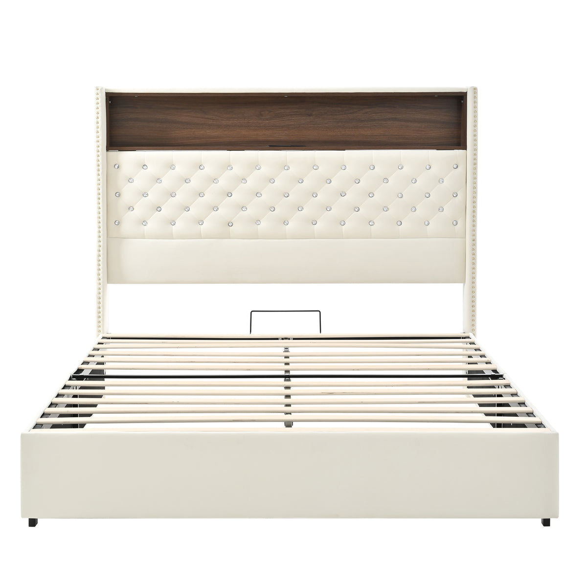 variant-group:rf-n733p367135a|Roomfitters Queen Velvet Tufted Platform Bed with Charging Ports, Tall Wingback Headboard with Rivet Trim and Shelf, Beige