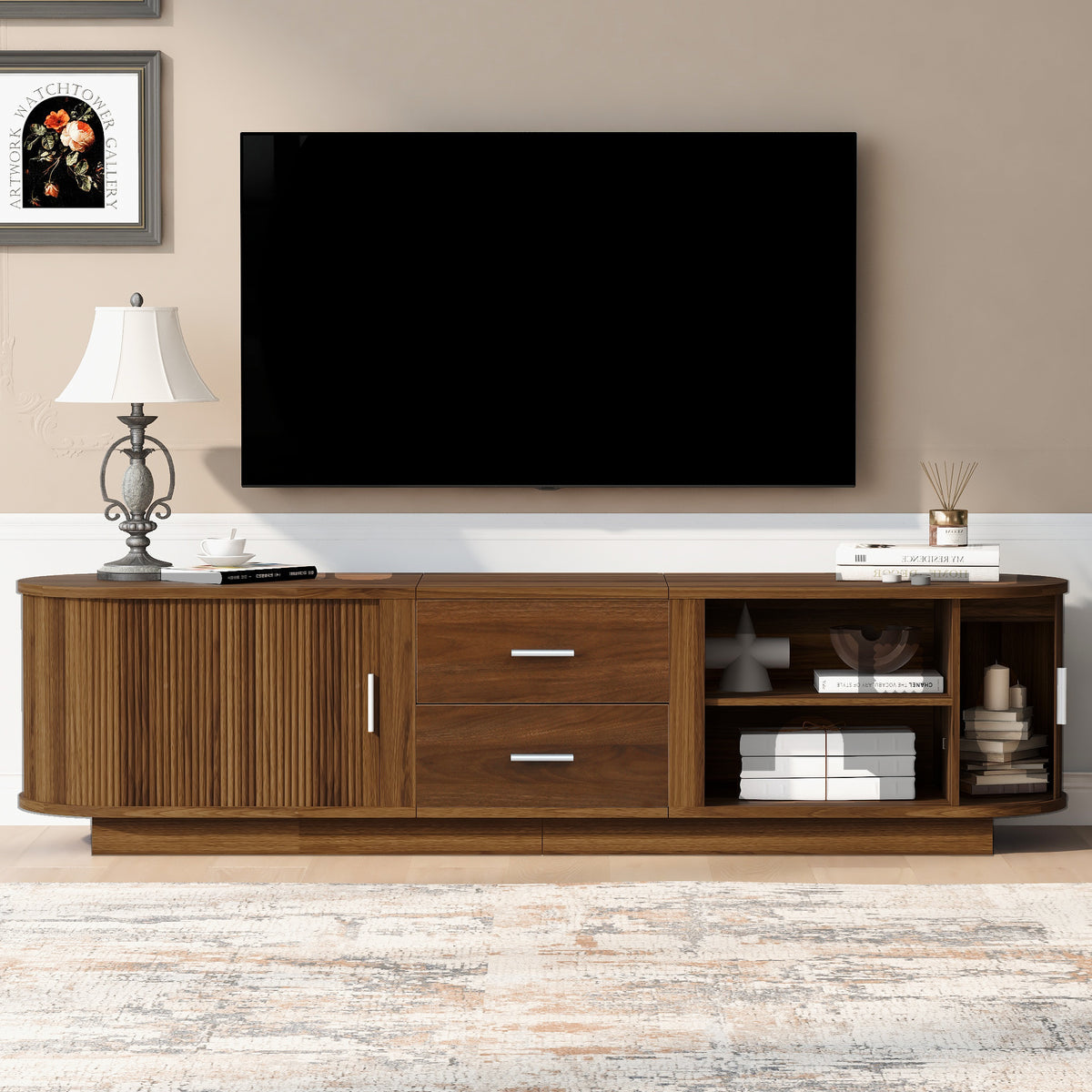 variant-group:rf-n724p420639d|Roomfitters Modern Entertainment Center Console Table with 2 Central Drawers, Antique Brown