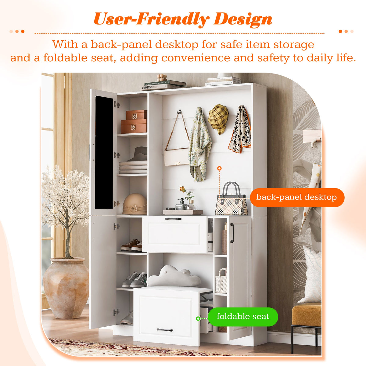 Roomfitters Entryway Bench with Shoe Cabinet and Mirror Door, Foldable Seat and 4 Hooks, White Roomfitters