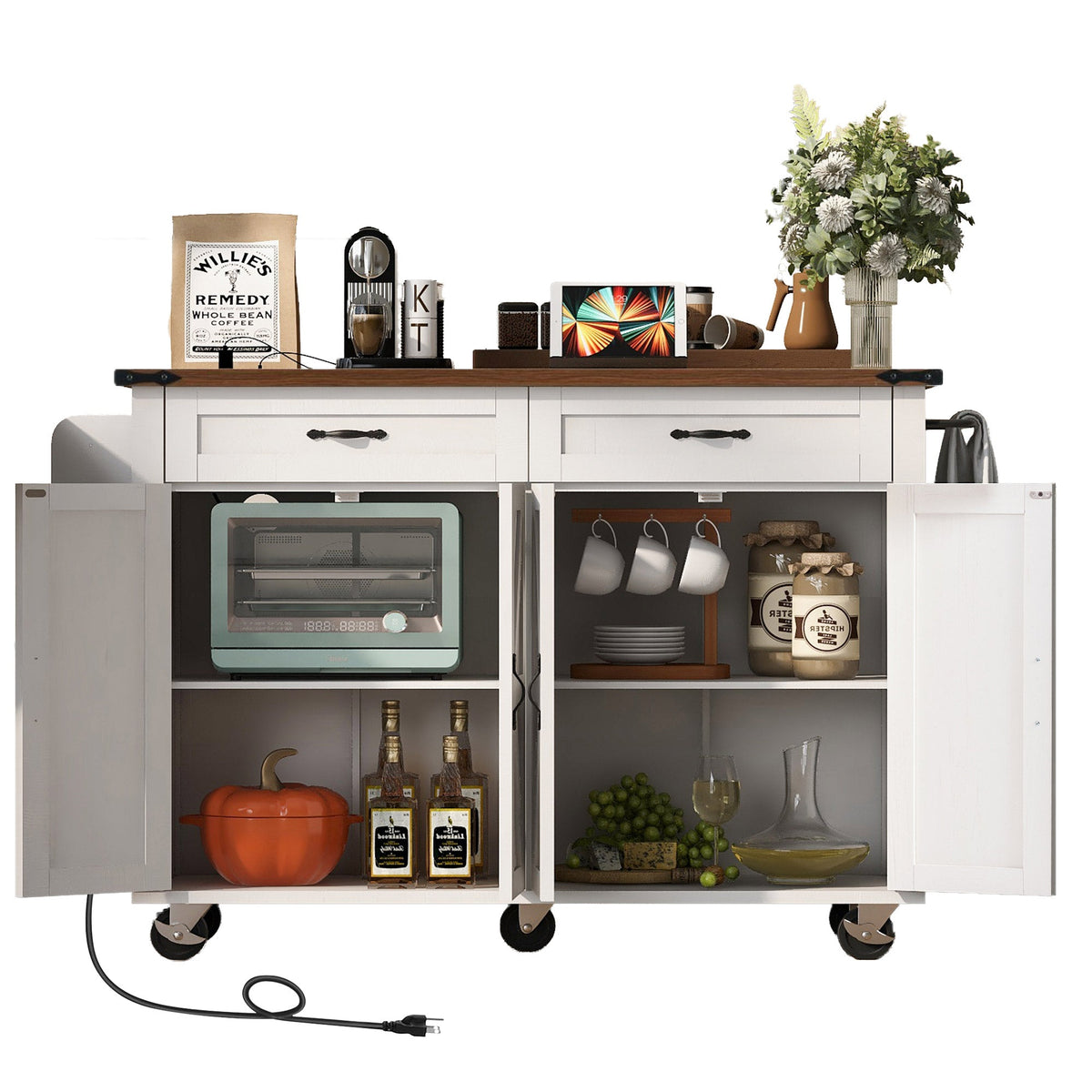 Roomfitters 53.5" Kitchen Island with Power Outlet and Drop Leaf, Rolling Storage Cabinet with Spice Rack, Modern Style, White