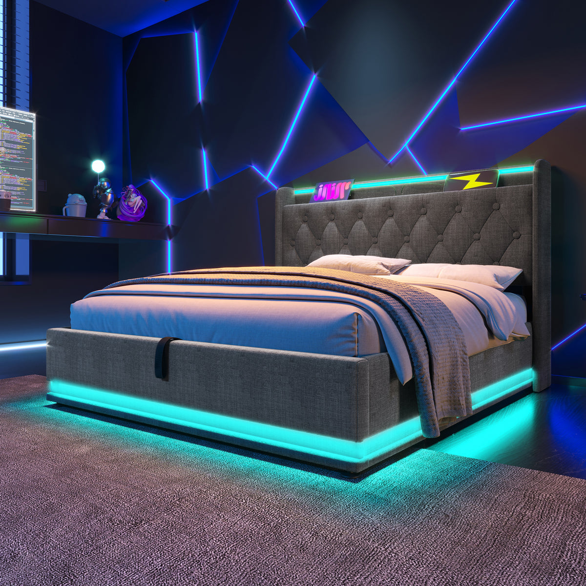 variant-group:rf-n736p188806g|Roomfitters Full Size Upholstered Storage Bed with USB Type-C Charging and Remote Control, Linen Gray