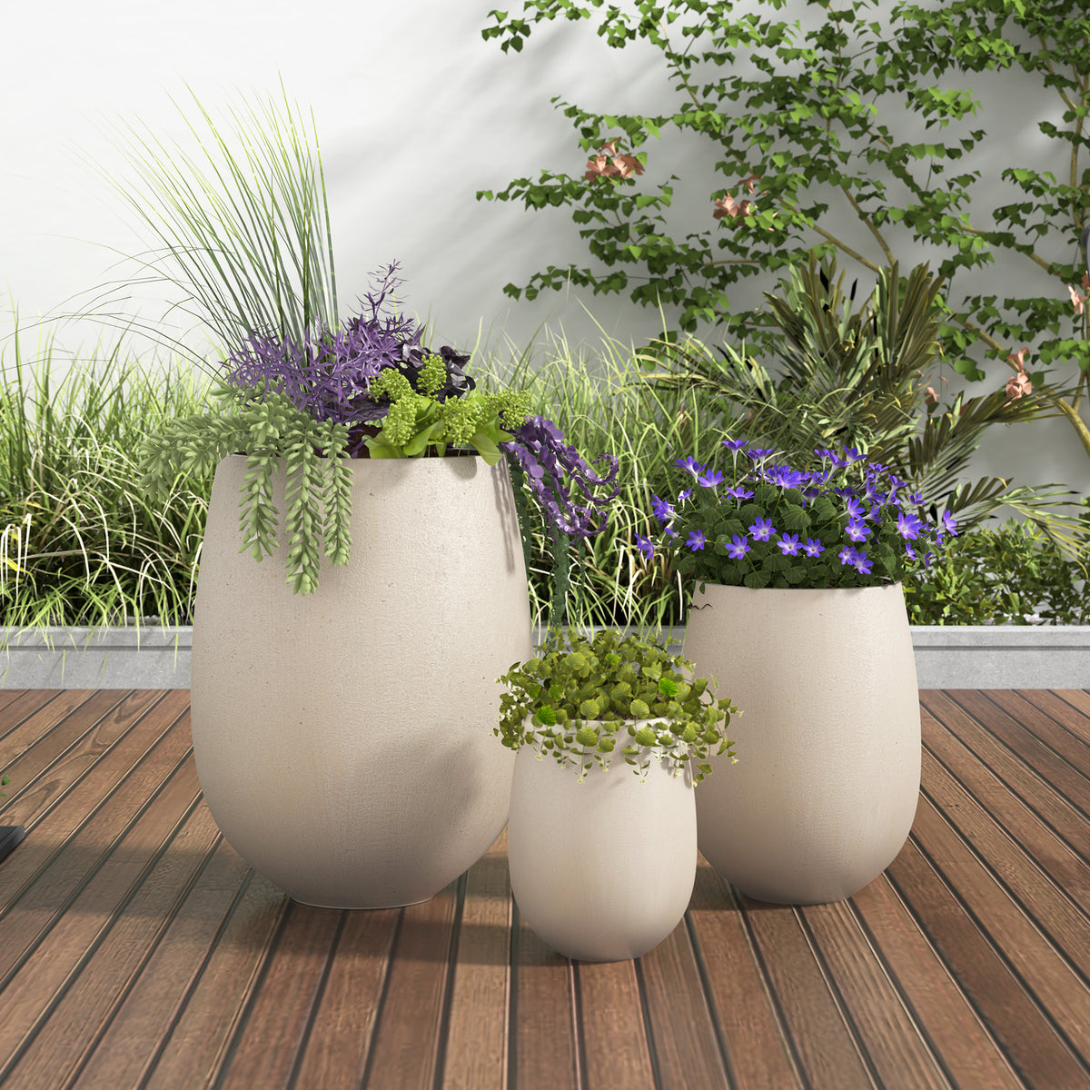 variant-group:rf-n711p406658e|Roomfitters Lightweight Round MGO Planter Set, 3-Piece Graduated Outdoor Flower Pots, Light Beige Weather-Resistant