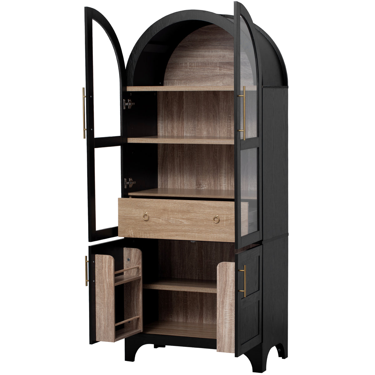variant-group:rf-n707s288969b|Roomfitters 71" Pantry Cabinet with Arched Top & Glass Doors, 4-Door Storage Hutch with Adjustable Shelves for Kitchen, Black
