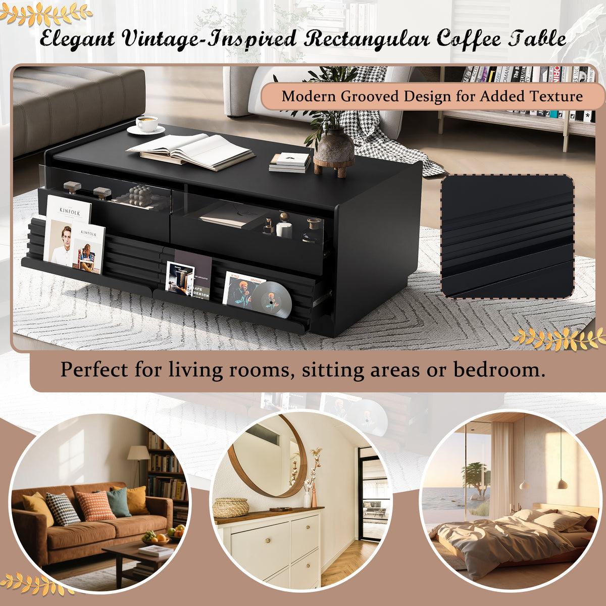 variant-group:rf-n724p286421b|Roomfitters Rectangle Coffee Table with Fluted Style, 4 Storage Compartments and Glass Display Shelves, Black