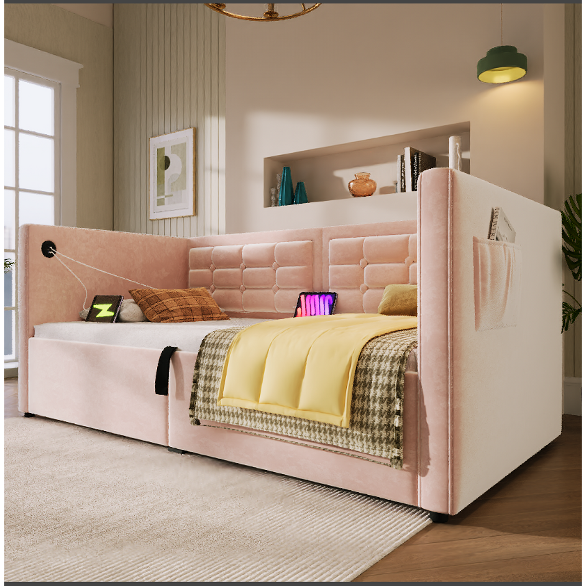 variant-group:rf-n736p303402p|Roomfitters Upholstered Twin Size Daybed with Storage, USB & Type-C Charging, Tufted Sofa Back, Velvet Pink