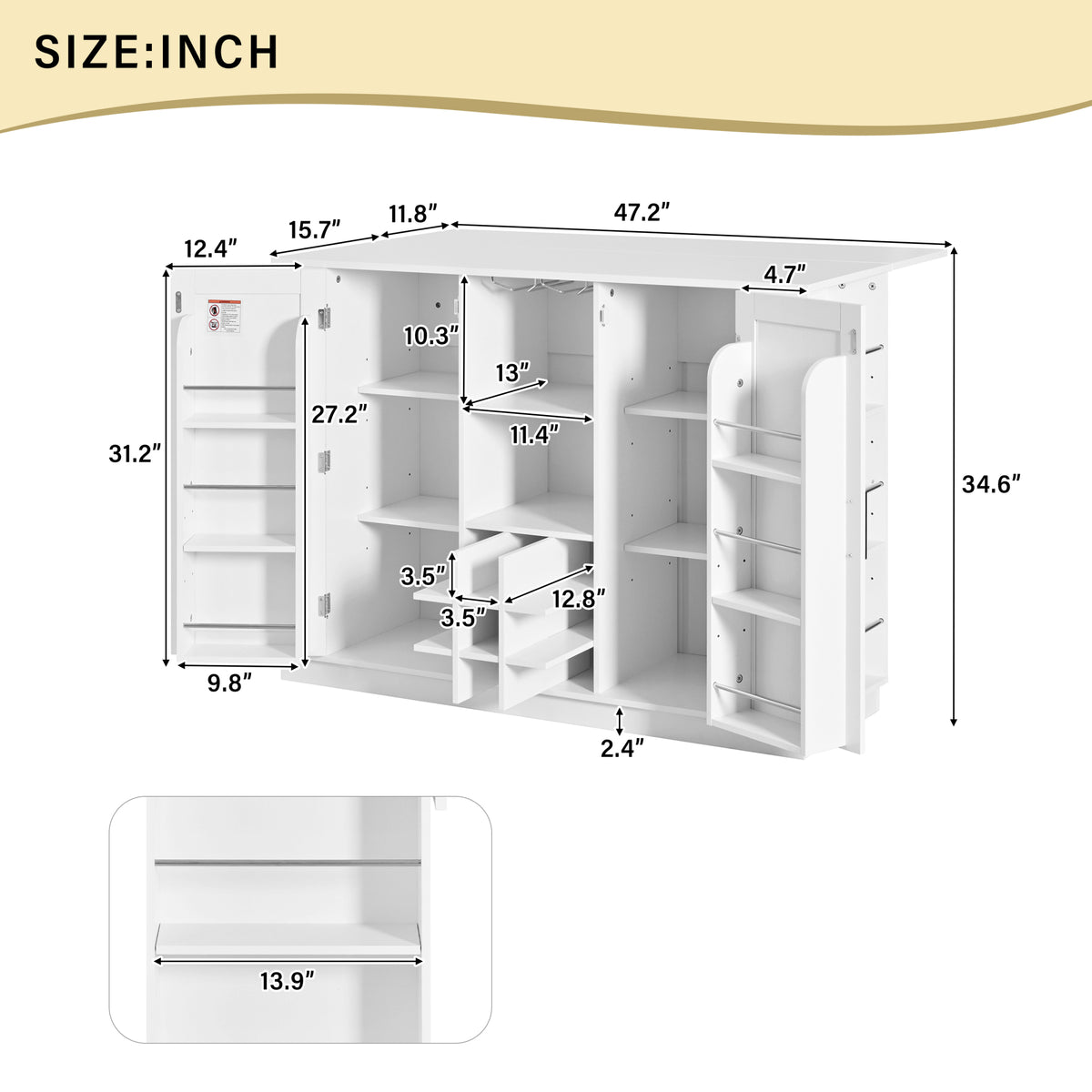 variant-group:rf-n711p437715k|Roomfitters 47.2-Inch Counter Height Bar Cabinet, White Sideboard Buffet Table, Foldable Drop Leaf, Built-In Power