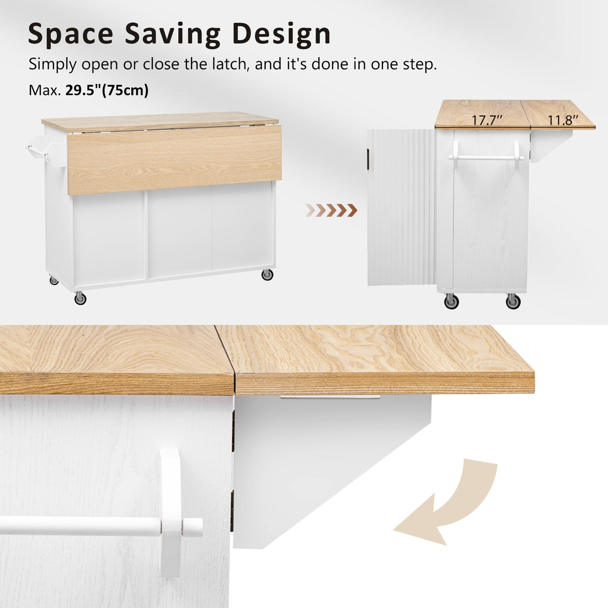 variant-group:rf-n707p221446w|Roomfitters 51" Fluted Kitchen Island with Drop Leaf, Rolling Cart with Storage Rack, Farmhouse Style, Towel Rack, White