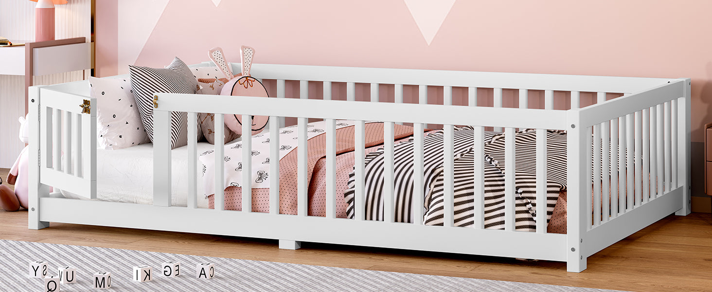 variant-group:rf-w1580p338950|Roomfitters Wooden Full Floor Bed Frame with Door & Safety Guardrails, Low Platform Design for Bedroom or Playroom, White