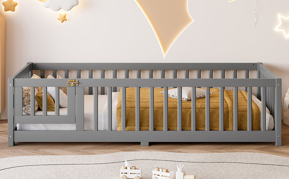 variant-group:rf-w1580p338948|Roomfitters Wooden Twin Floor Bed Frame with Door & Safety Guardrails, Low Platform Design for Bedroom or Playroom, Gray