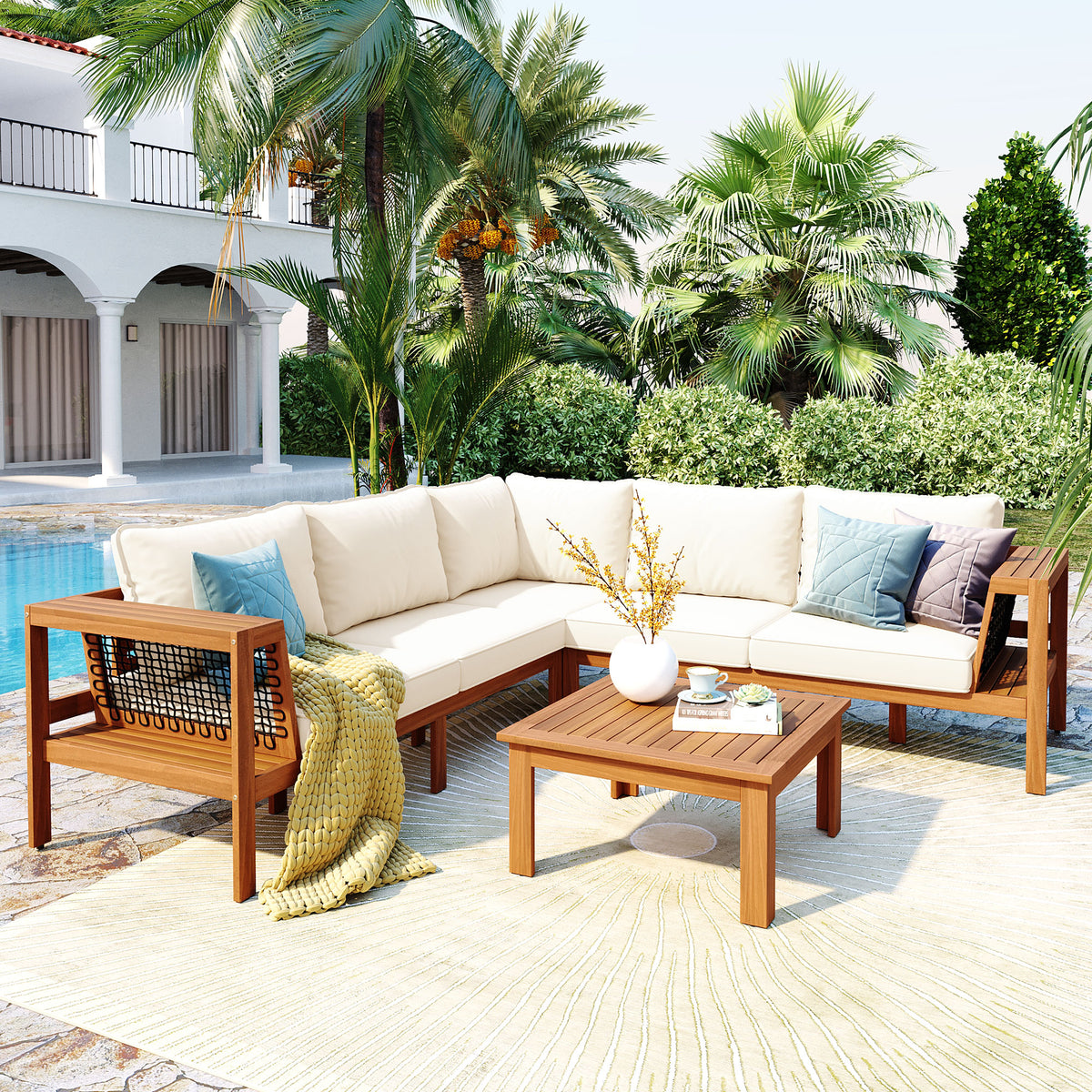 variant-group:rf-n704f201249n|Roomfitters 4-Piece Outdoor Sectional Sofa Set with Coffee Table and Built-in Side Shelves, Wood Frame, Beige+Teak