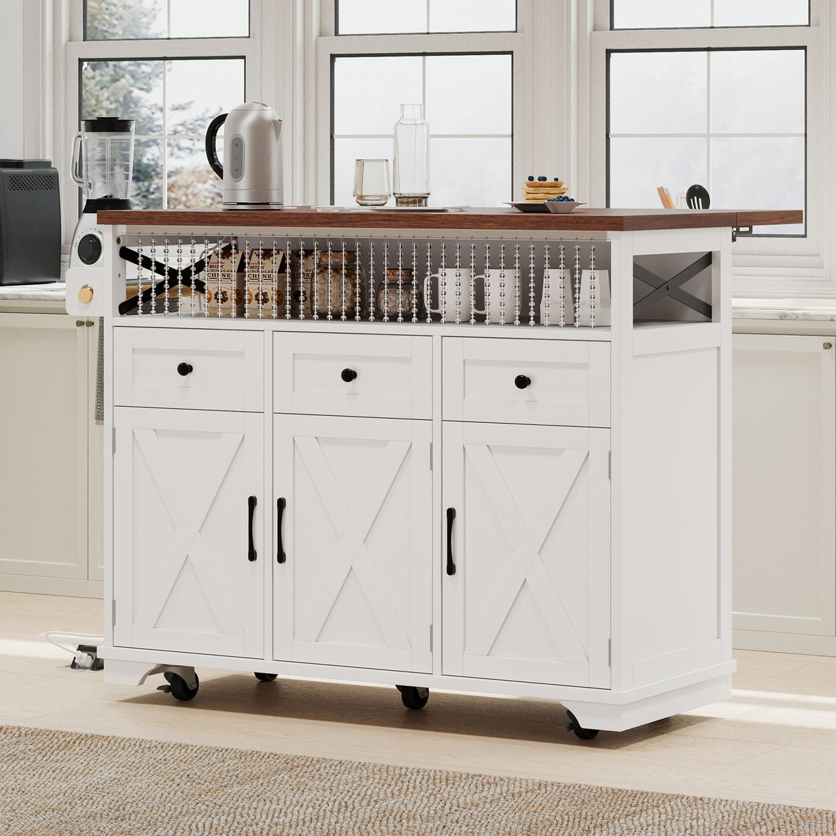 variant-group:rf-n707p254872w|Roomfitters 46.5" Rolling Kitchen Island with Drop Leaf, Mobile Cart with 2 AC Outlets & USB, Beaded Drape & 3 Drawers, White
