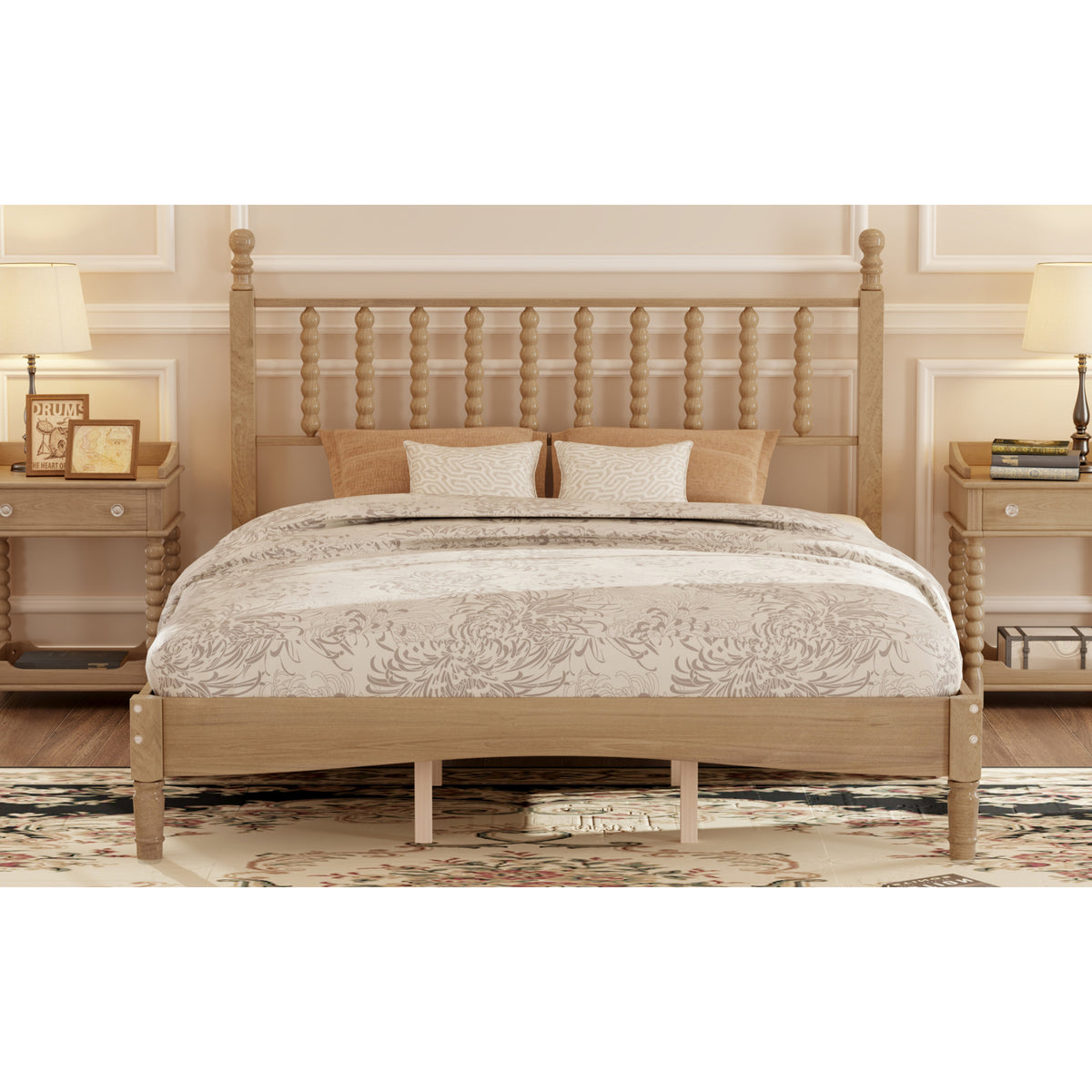 variant-group:rf-n733p206242m|Roomfitters Queen Size Wood Platform Bed with Gourd Shaped Headboard, Retro Style Platform Bed with Wooden Slat Support, Natural