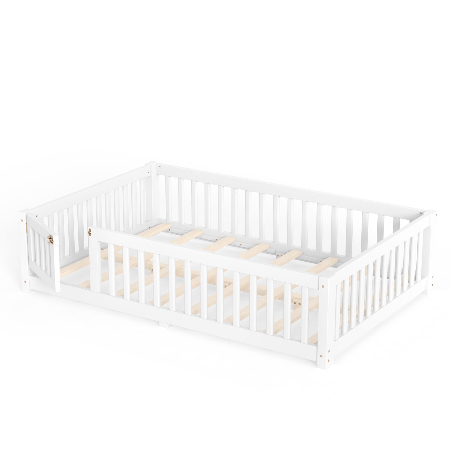 variant-group:rf-w1580p462317|Roomfitters Full Size Wooden Floor Bed Frame with Safety Guardrails Door, Solid Wood Low Profile Toddler Play Bed, White