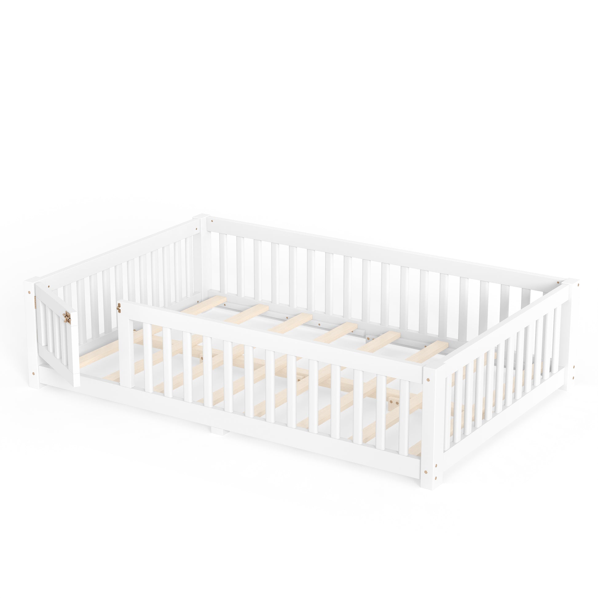 variant-group:rf-w1580p462317|Roomfitters Full Size Wooden Floor Bed Frame with Safety Guardrails Door, Solid Wood Low Profile Toddler Play Bed, White