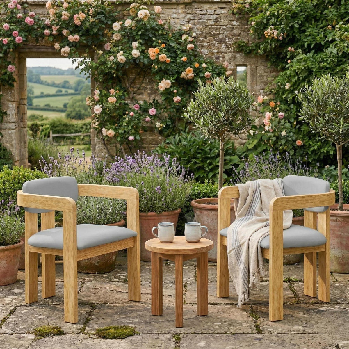 Roomfitters Set of 2 Outdoor Acacia Wood Dining Chairs with Fixed Ergonomic Wraparound Backrest Gray Cushions Roomfitters