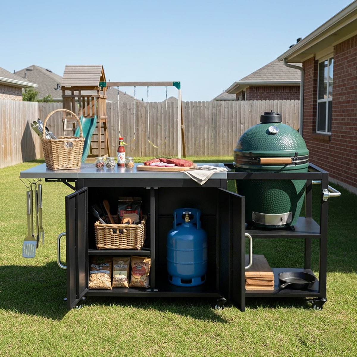 Roomfitters 76.6" Grill Cart with Stainless Steel Top and Kamado Nest, Folding Drop Leaf Prep Station, Mobile Cabinet, Black