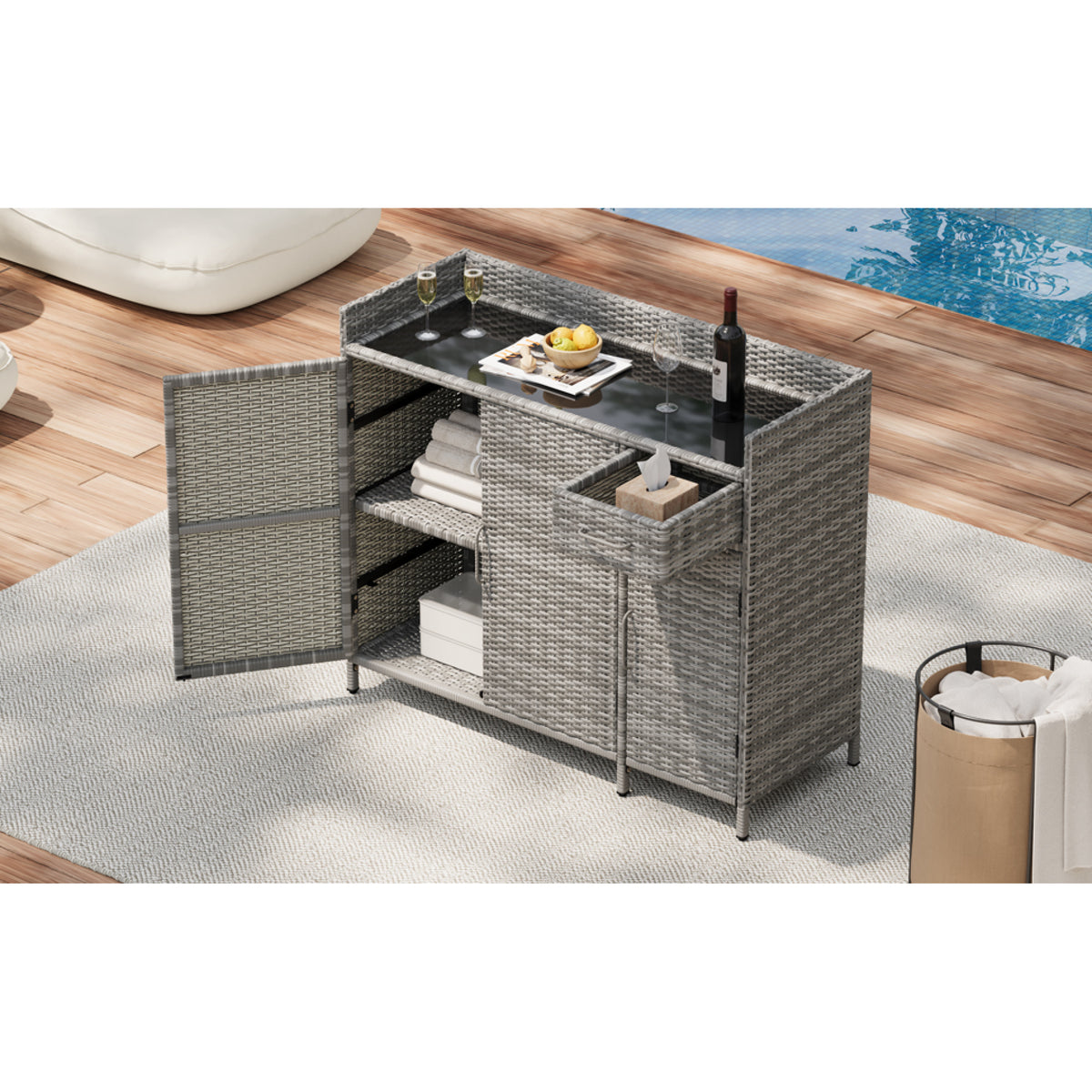 variant-group:rf-n707p233745g|Roomfitters 47.5" Wicker Outdoor Storage Cabinet, Rattan Bar Table with Glass Top, Adjustable Shelf, 3 Doors, Grey