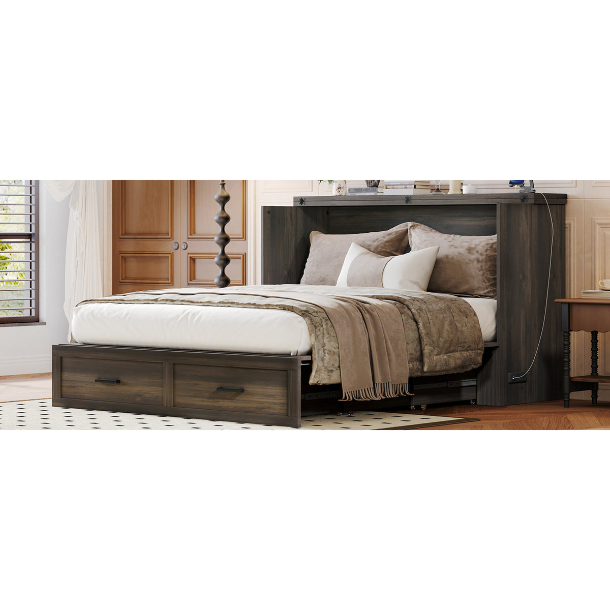 variant-group:rf-n733s361778g|Roomfitters Queen Farmhouse Murphy Cabinet Bed with Charging Station, Foldable Platform Bed with Storage Drawer, Rustic Gray