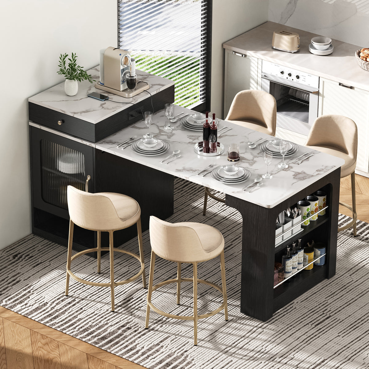 variant-group:rf-n707s000017b|Roomfitters 59.5" Kitchen Island with 41.8" Extendable Dining Table, Double-Sided Storage, Power Outlet, 2 Drawers, Black