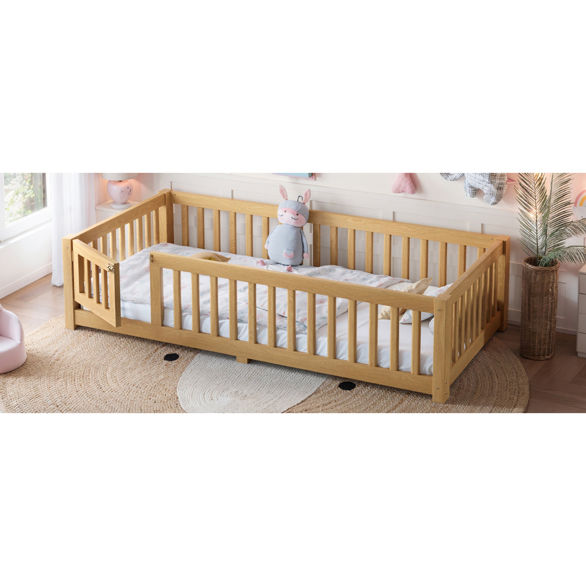 variant-group:rf-w1580p462314|Roomfitters Twin Size Wooden Floor Bed Frame with Safety Guardrails Door, Solid Wood Low Profile Toddler Play Bed, Natural