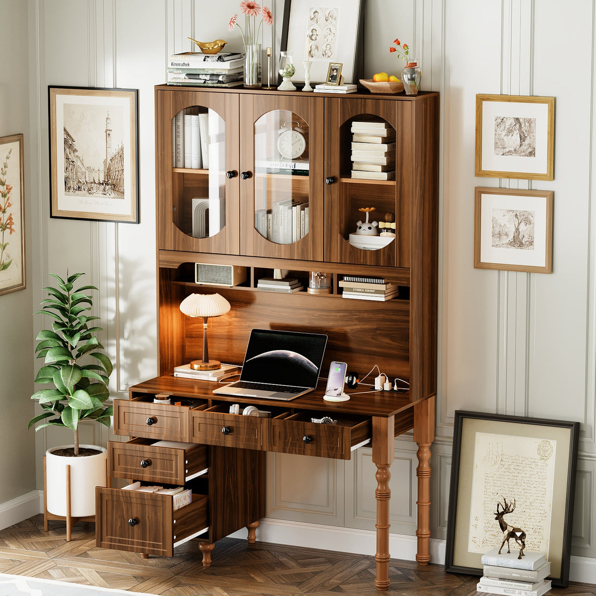 Roomfitters 47'' Retro Desk with Charging Ports and Hutch, Office Desk with 5 Storage Drawers and Glass Bookshelf, Walnut