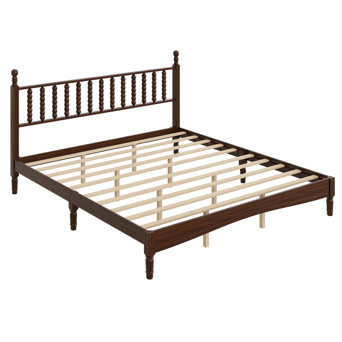 variant-group:rf-n733p338316d|Roomfitters King Wood Platform Bed, Retro Gourd Spindle Headboard with Solid Slat Support, Walnut